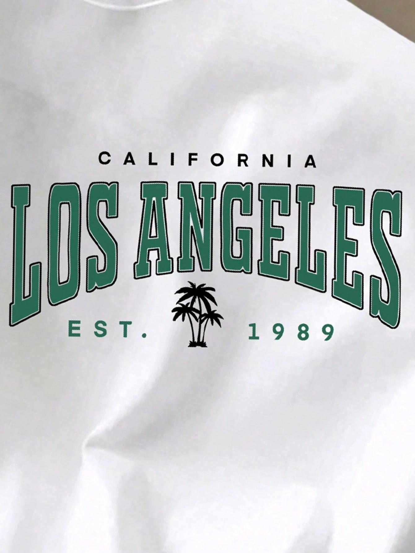 Xingmengzhi OBM Men's California Los Angeles Graphic T-Shirt - White with Green Print, Regular Fit Short Sleeve Casual Tee for Spring Summer Fall, Outdoor & Casual Attire
