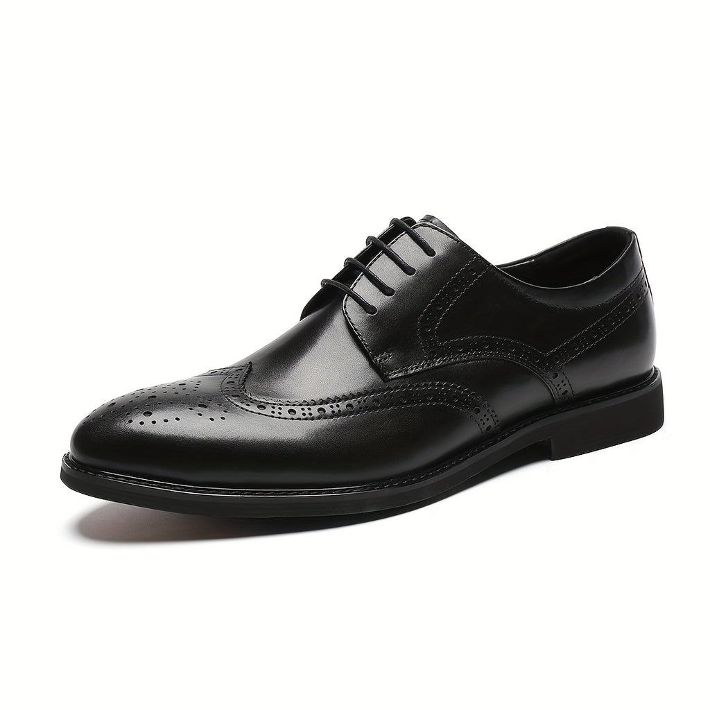 Men's Genuine Leather Dress Shoes - Breathable Wingtip Oxfords with Brogue Design, Classic Black Business & Formal Style for Weddings, Parties, and British Events