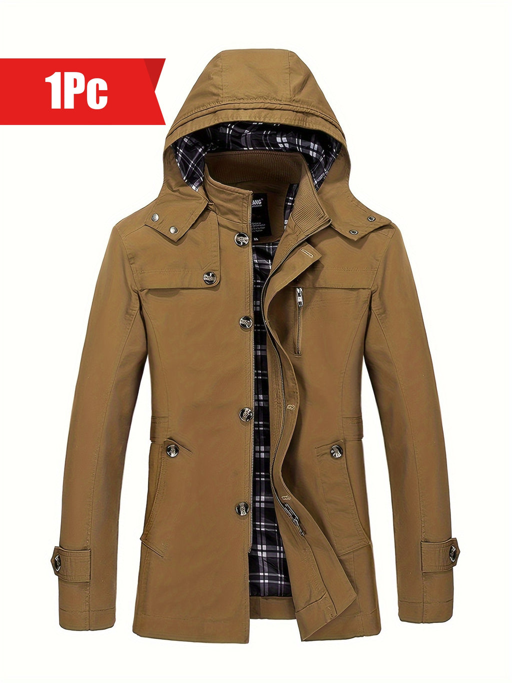 1 veste de trench en coton pour homme, mi-longueur, ¨¤ capuche, avec poches, couleur unie, coupe r¨¦guli¨¨re, tissu tiss¨¦, non extensible pour loisirs en plein air au printemps\u002Fautomne