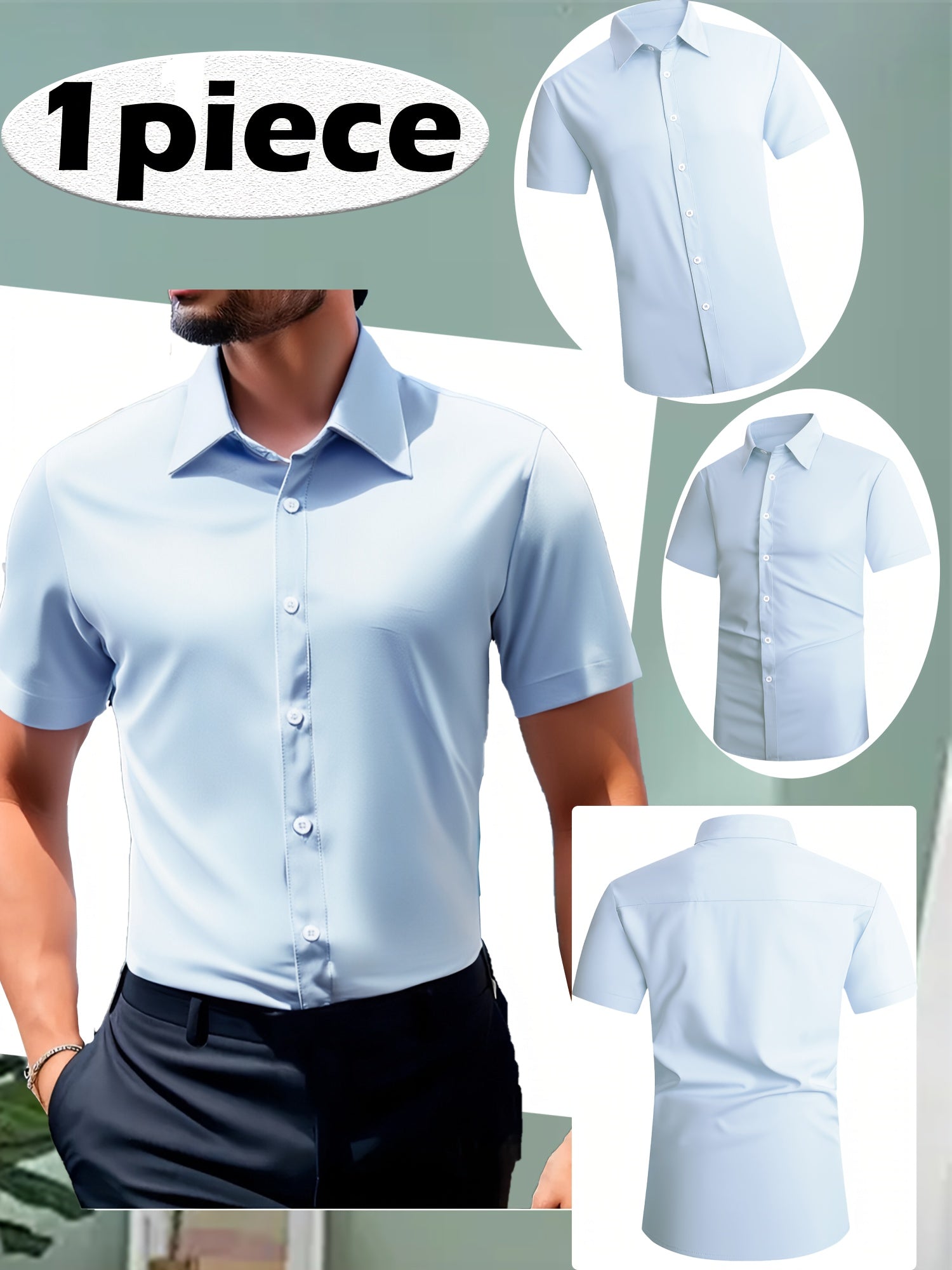 1pc Nosize Men's Button- Shirt - 97% Polyester 3% Spandex, Breathable & Stretch Comfort, Classic Point Collar, Solid Color Casual Shirt for Business, Outdoor, Golf, Beach & Daily Wear, Business Casual, Outdoor Apparel, Comfortable Fit, Durable Fabric