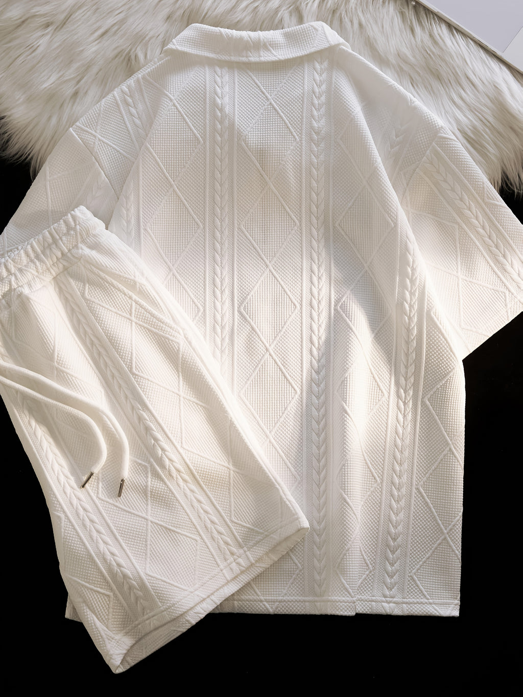 Retro Style 2pcs Men's Casual Summer Outfit Suits, Geometric Pattern Design Short Sleeve Lapel Shirt Top And Shorts Suit