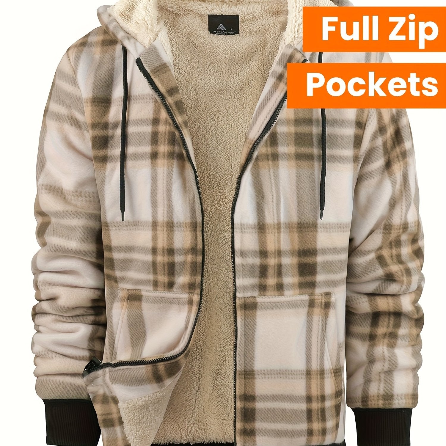 Veste ¨¤ capuche doubl¨¦e en polaire pour homme - Motif ¨¤ carreaux, fermeture ¨¦clair int¨¦grale, manteau d'hiver chaud avec poches, style d¨¦contract¨¦ pour l'automne\u002Fhiver, veste d'hiver