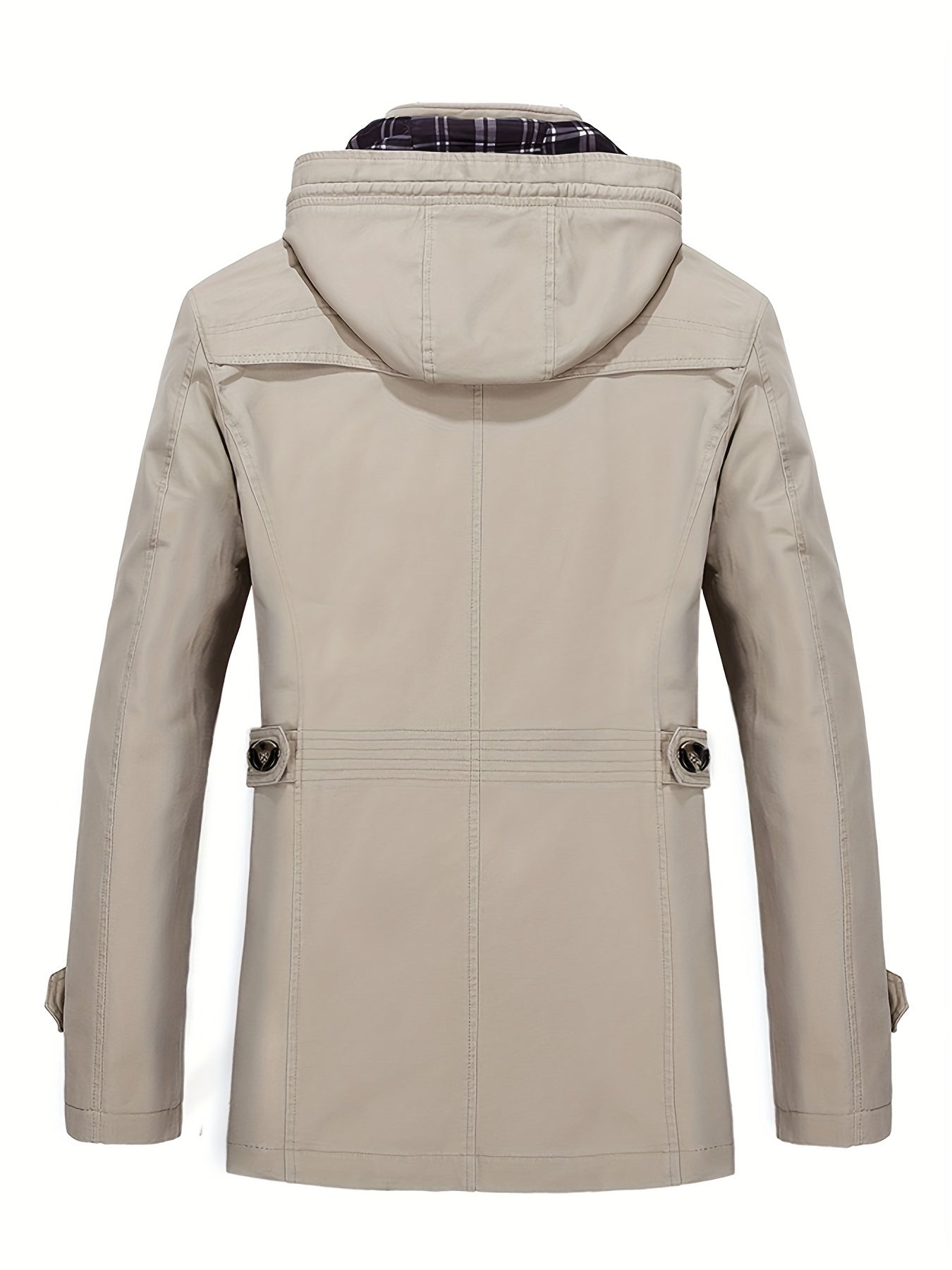 1 veste de trench en coton pour homme, mi-longueur, ¨¤ capuche, avec poches, couleur unie, coupe r¨¦guli¨¨re, tissu tiss¨¦, non extensible pour loisirs en plein air au printemps\u002Fautomne