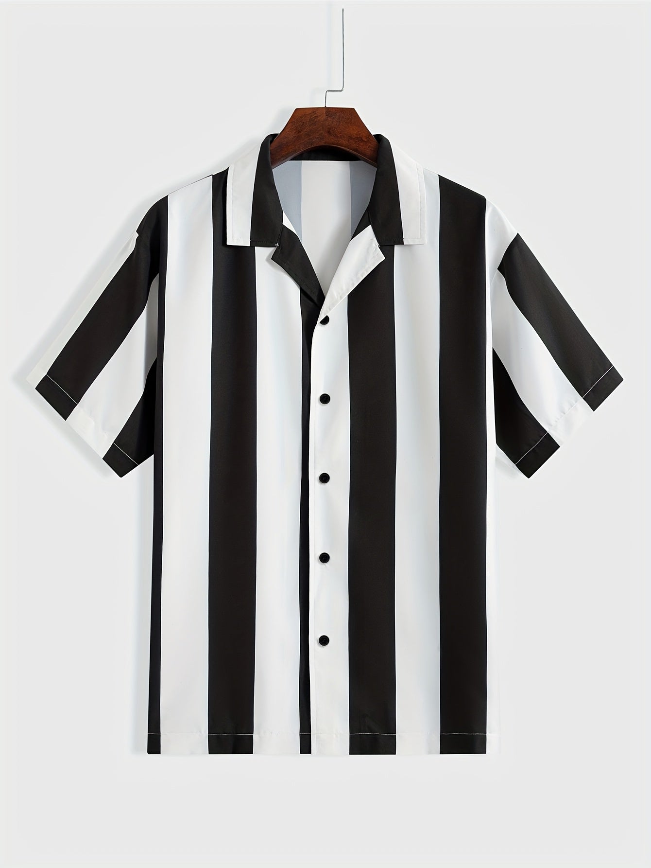 1pc Men'S Summer Casual Striped Button- Shirt - Short Sleeve, Regular Fit, Polyester Woven Fabric, Non-Stretch, Lapel Collar, Placket, for Daily & Outdoor Activities, Hiking, Weekend - Woven Fabric Weight 125g\u002Fm2