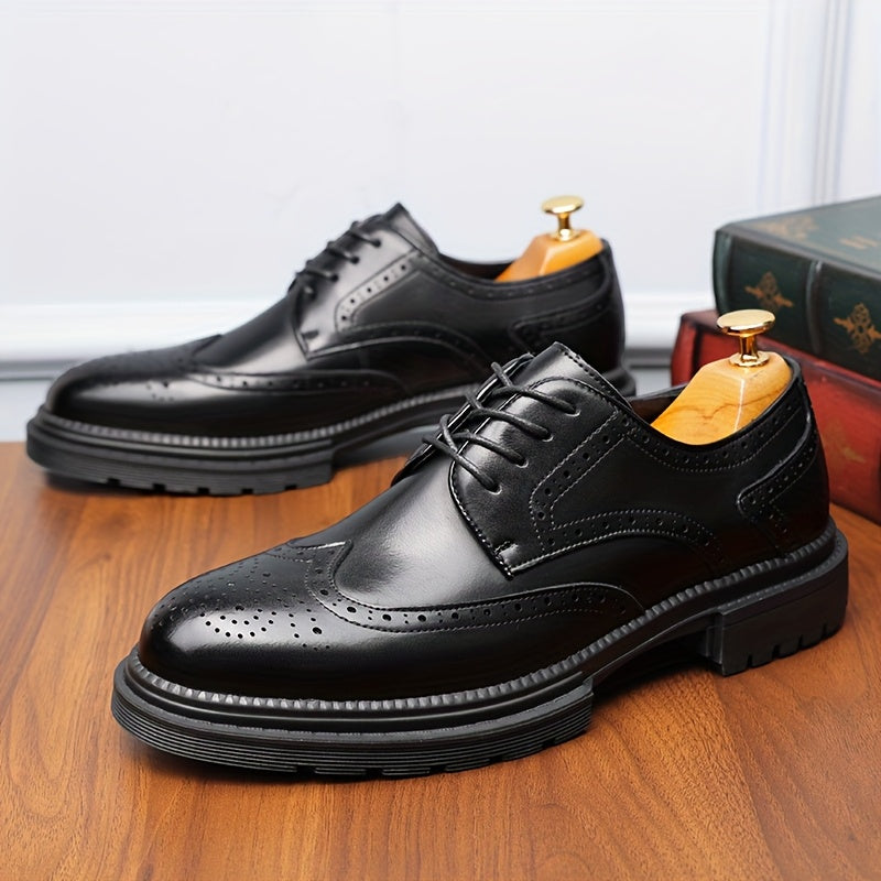 Men's Genuine Leather Business Casual Shoes - Breathable Low-Top Lace-Up Formal & Semi-Formal Footwear with Thick Rubber Sole, Pointed Toe, Black for Office & Casual Wear