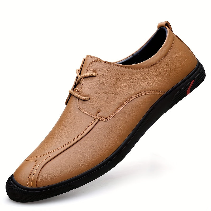 LUOQIRUI Men's Genuine Leather Casual Shoes - British Style Lace-Up Low-Top Oxfords with Soft Rubber Sole, Breathable & Durable for Business Casual & Casual Attire, Tan, Comfortable Footwear | Classic Shoe Design | Smooth Texture Finish
