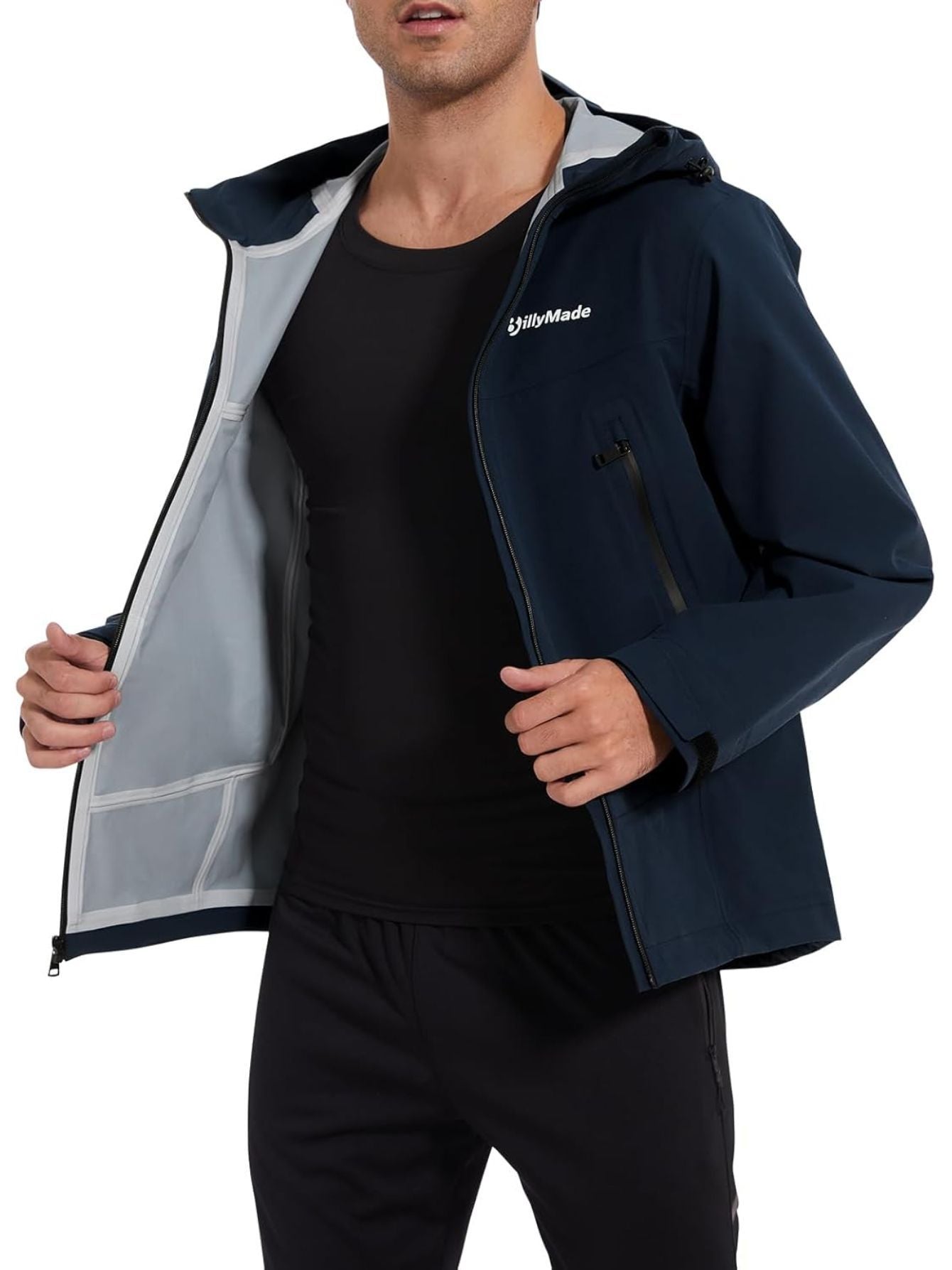 Veste Coupe-Vent L¨¦g¨¨re pour Hommes avec Capuche, Poignets Ajustables, Texture Douce et ¨¦l¨¦gante, Veste de Sport Casual ¨¤ Col Montant, Fermeture ¨¦clair Bleu Marine, Poches Id¨¦ale pour la Course & Randonn¨¦e au Printemps\u002FAutomne