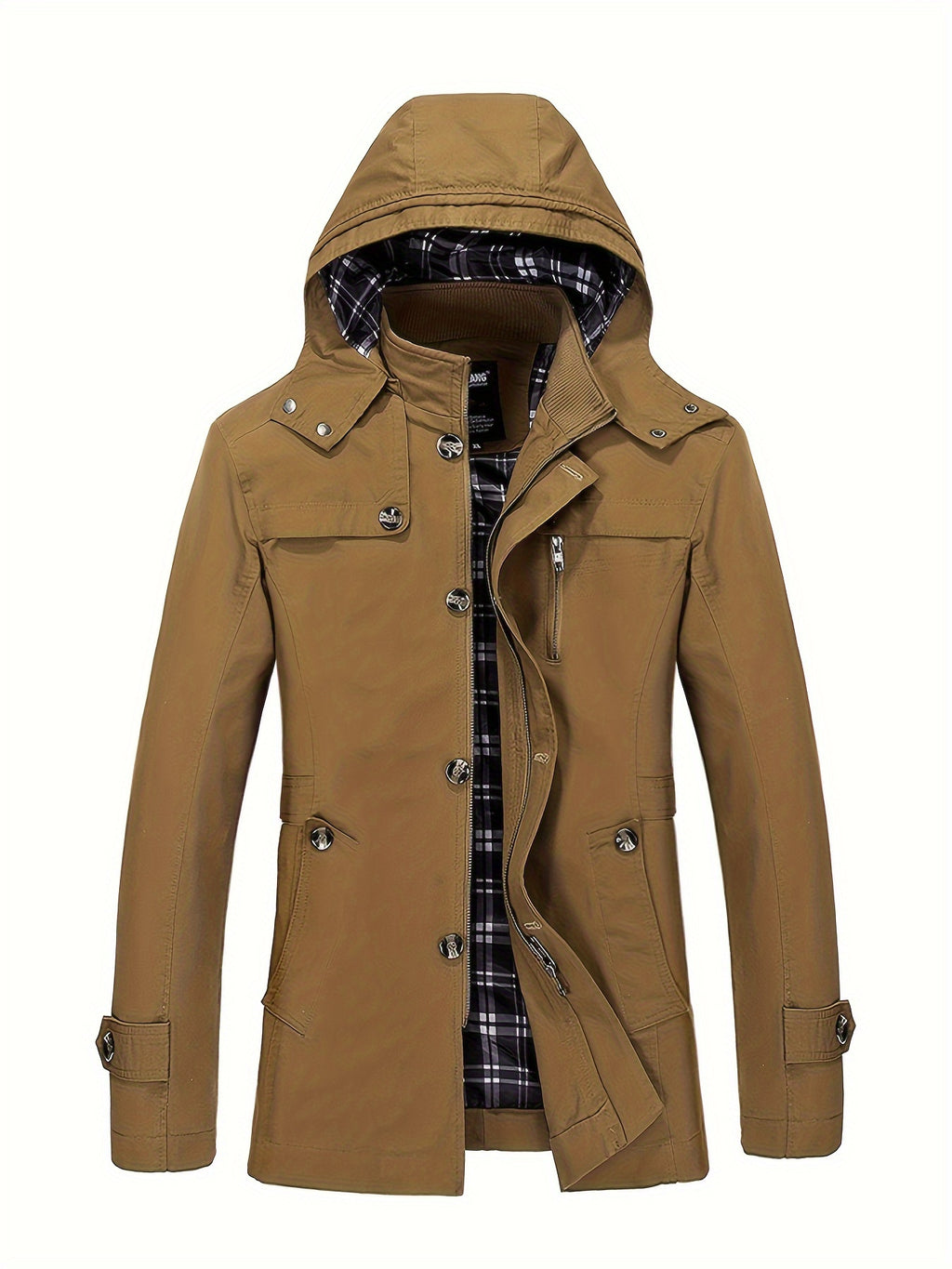 1 veste de trench en coton pour homme, mi-longueur, ¨¤ capuche, avec poches, couleur unie, coupe r¨¦guli¨¨re, tissu tiss¨¦, non extensible pour loisirs en plein air au printemps\u002Fautomne