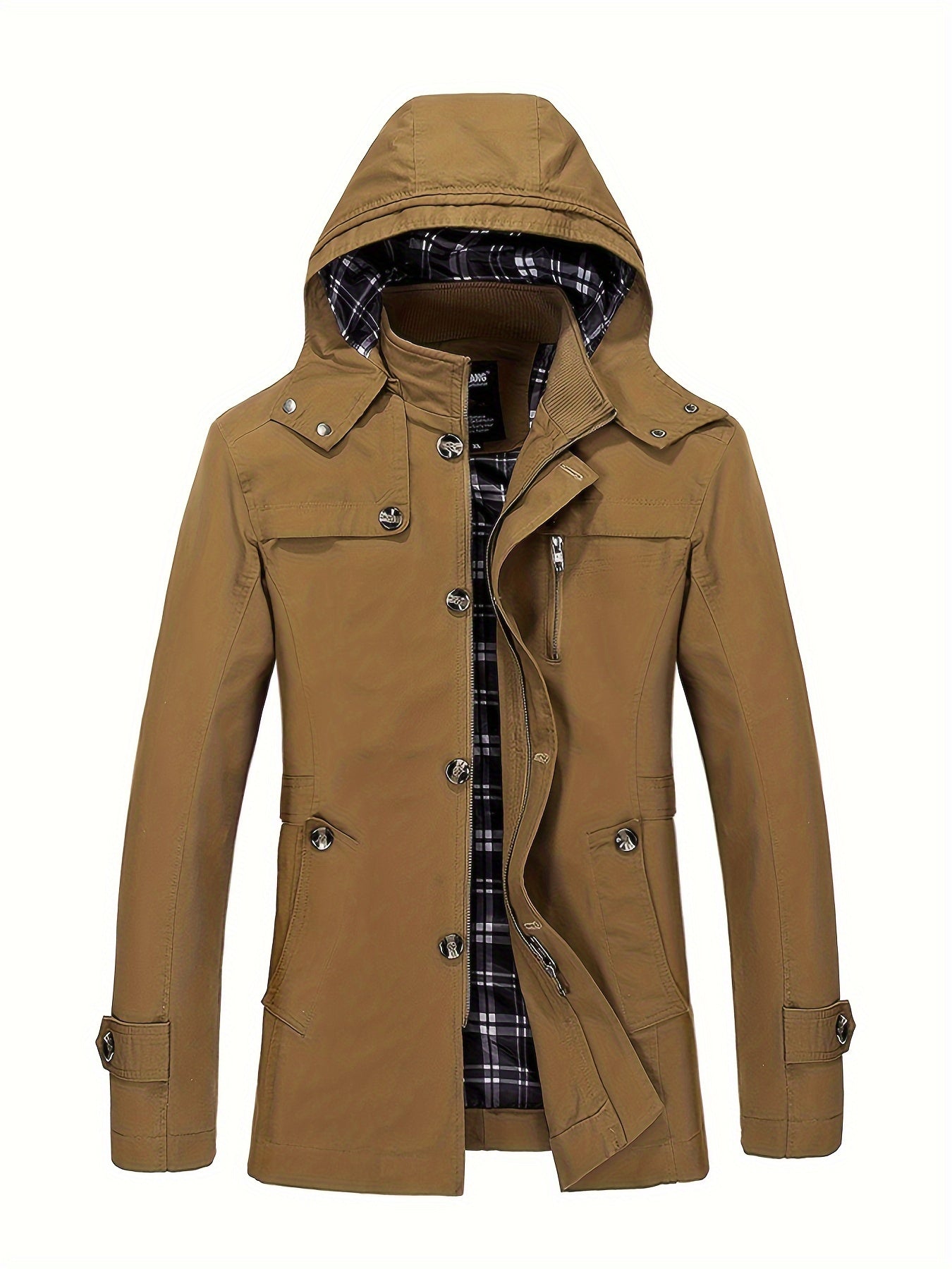 1 veste de trench en coton pour homme, mi-longueur, ¨¤ capuche, avec poches, couleur unie, coupe r¨¦guli¨¨re, tissu tiss¨¦, non extensible pour loisirs en plein air au printemps\u002Fautomne