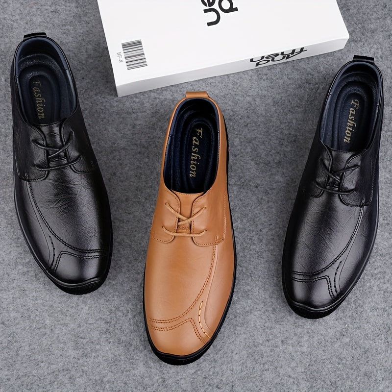 LUOQIRUI Men's Genuine Leather Casual Shoes - British Style Lace-Up Low-Top Oxfords with Soft Rubber Sole, Breathable & Durable for Business Casual & Casual Attire, Tan, Comfortable Footwear | Classic Shoe Design | Smooth Texture Finish