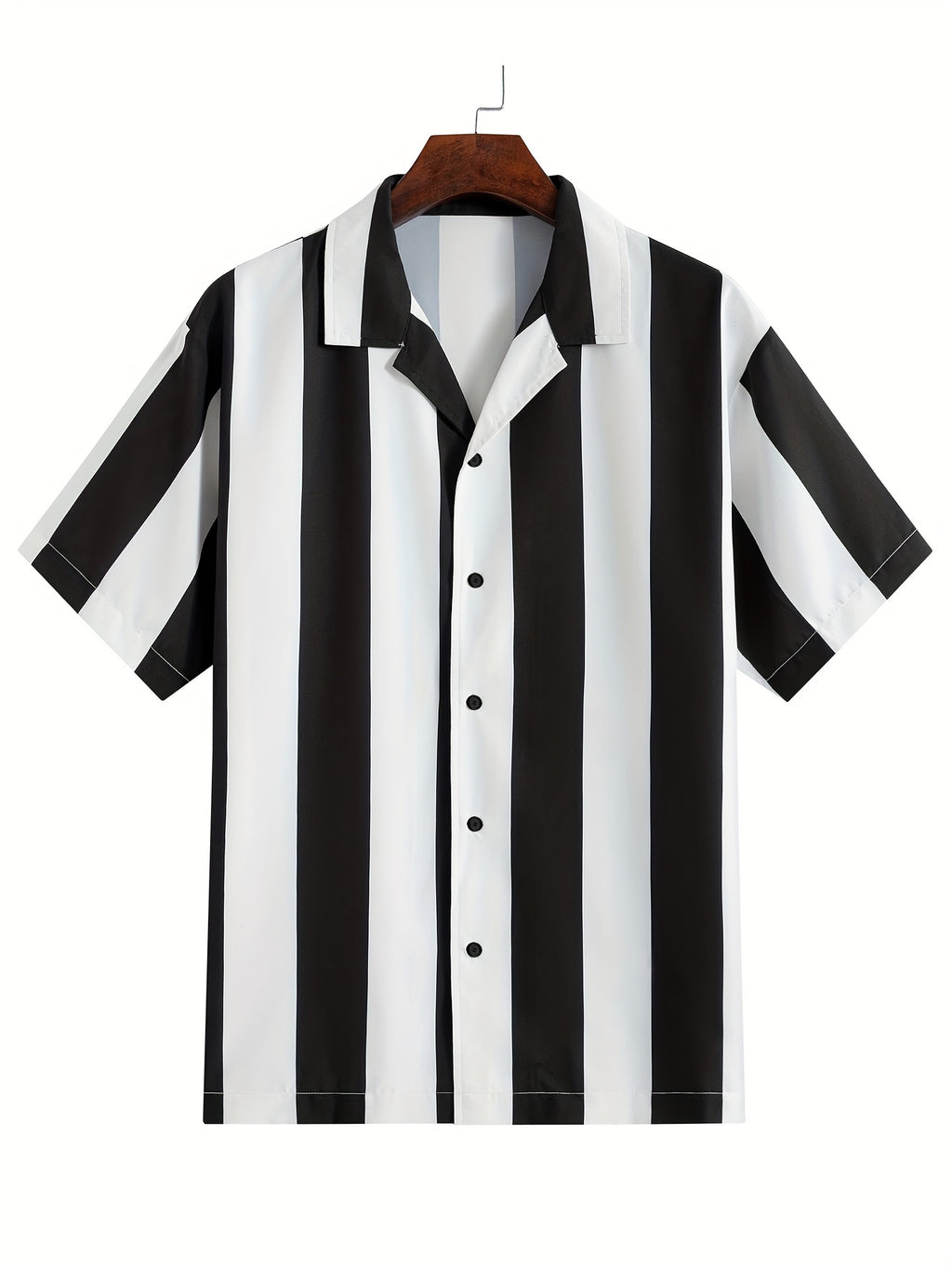 1pc Men'S Summer Casual Striped Button- Shirt - Short Sleeve, Regular Fit, Polyester Woven Fabric, Non-Stretch, Lapel Collar, Placket, for Daily & Outdoor Activities, Hiking, Weekend - Woven Fabric Weight 125g\u002Fm2