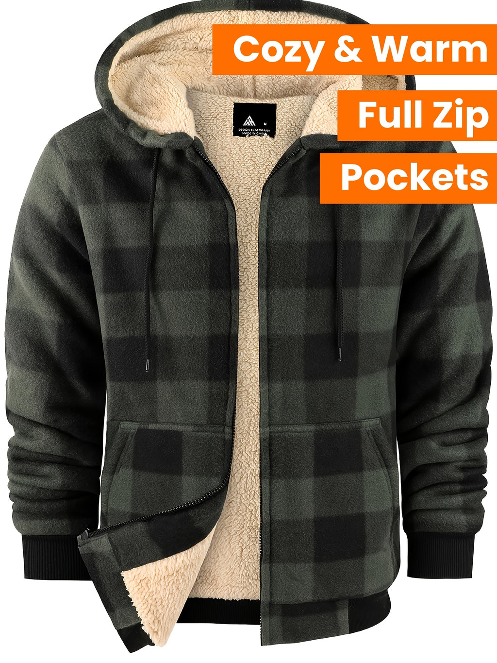 Veste ¨¤ capuche doubl¨¦e en polaire pour homme - Motif ¨¤ carreaux, fermeture ¨¦clair int¨¦grale, manteau d'hiver chaud avec poches, style d¨¦contract¨¦ pour l'automne\u002Fhiver, veste d'hiver