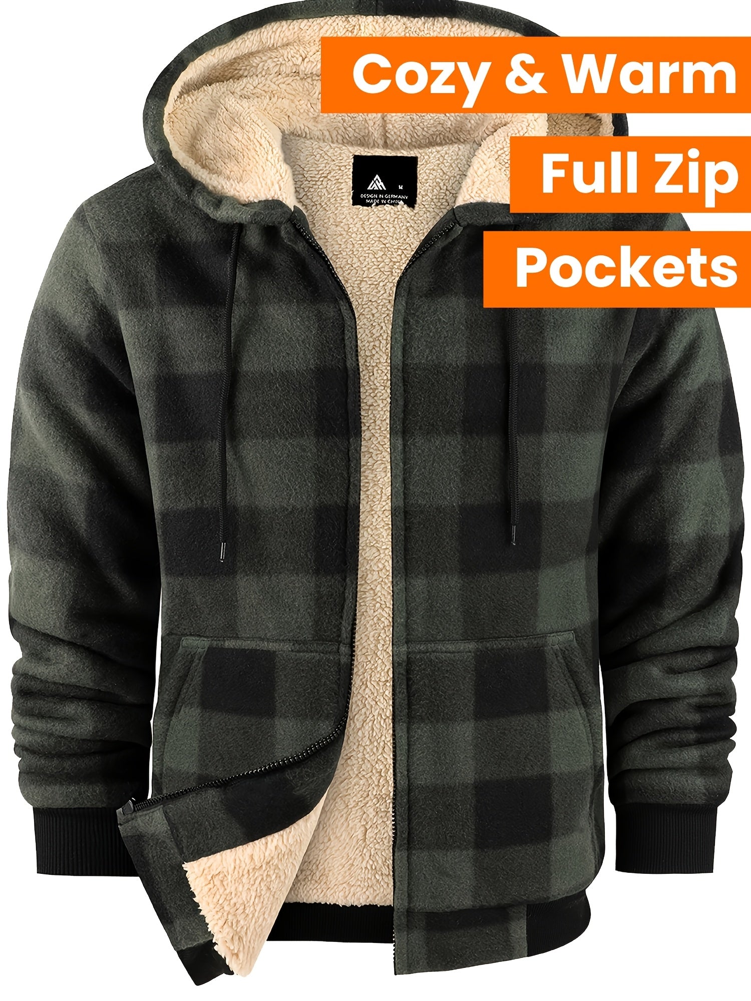 Veste ¨¤ capuche doubl¨¦e en polaire pour homme - Motif ¨¤ carreaux, fermeture ¨¦clair int¨¦grale, manteau d'hiver chaud avec poches, style d¨¦contract¨¦ pour l'automne\u002Fhiver, veste d'hiver