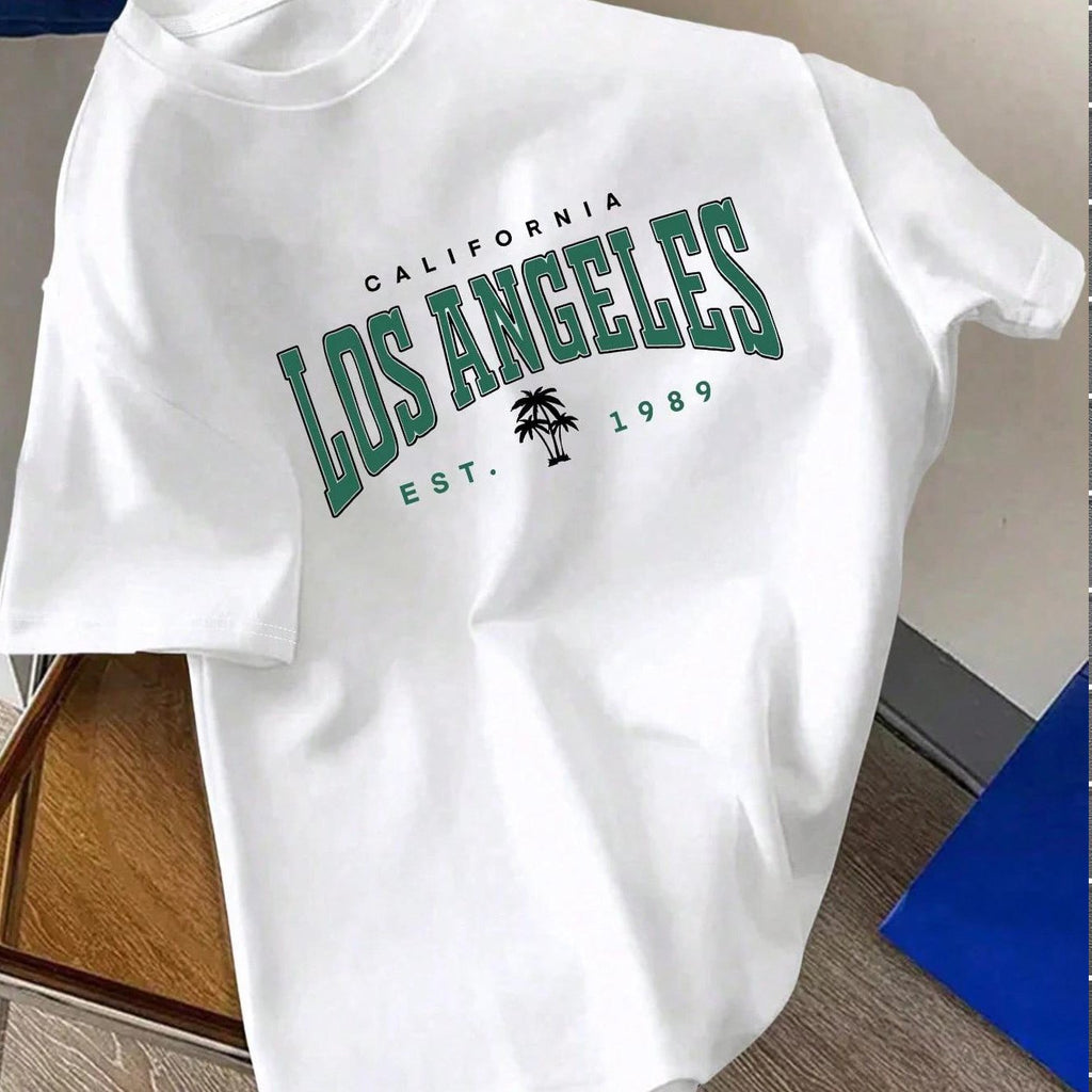 Xingmengzhi OBM Men's California Los Angeles Graphic T-Shirt - White with Green Print, Regular Fit Short Sleeve Casual Tee for Spring Summer Fall, Outdoor & Casual Attire
