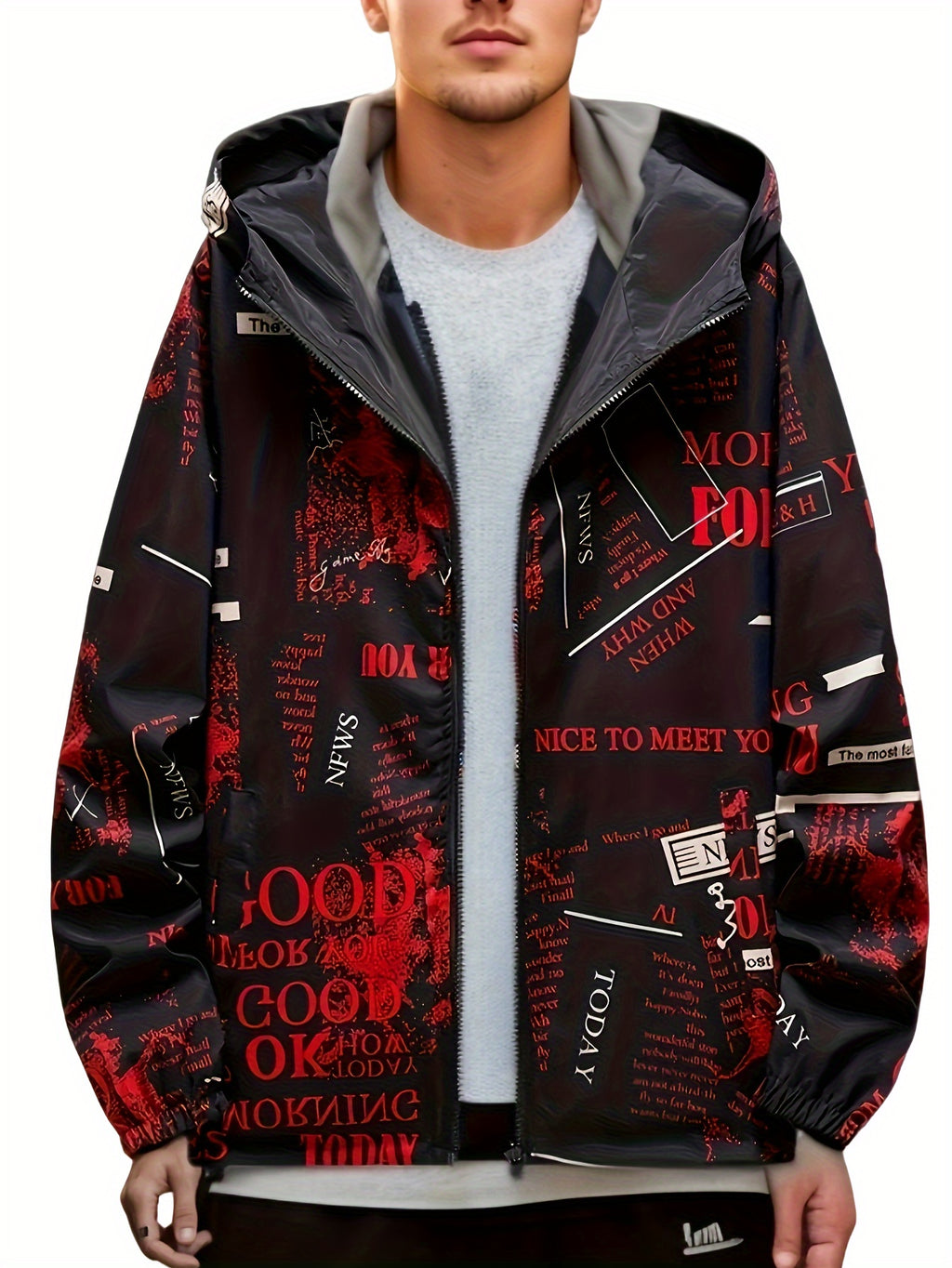 Veste ¨¤ capuche d¨¦contract¨¦e pour hommes avec impression de lettres, veste coupe-vent chic pour le sport et l'¨¦cole