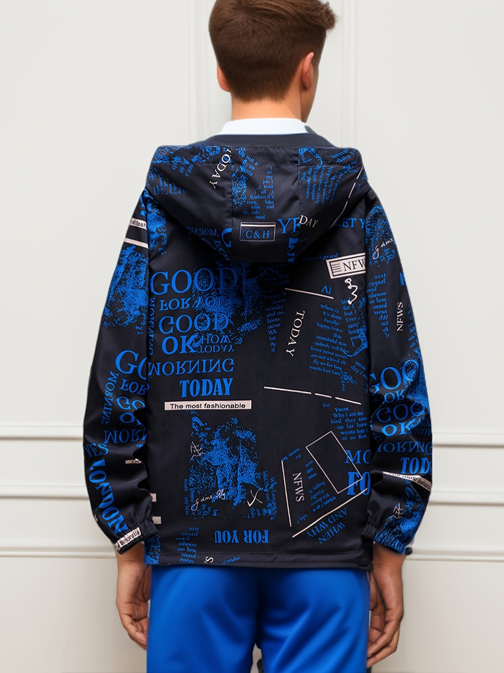 Veste ¨¤ capuche d¨¦contract¨¦e pour hommes avec impression de lettres, veste coupe-vent chic pour le sport et l'¨¦cole