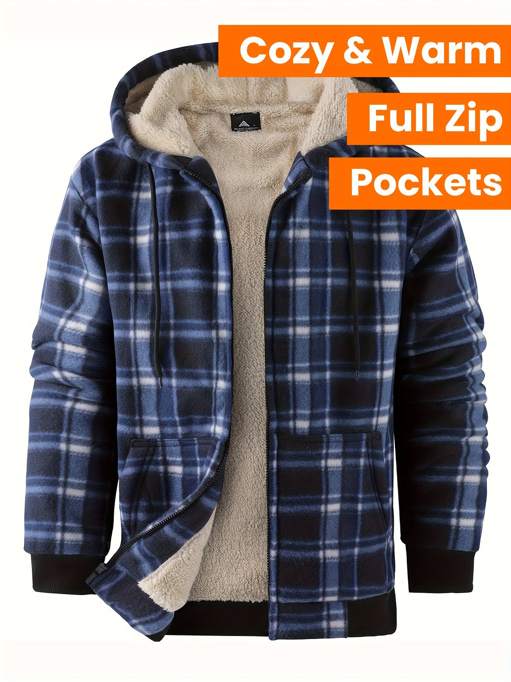 Veste ¨¤ capuche doubl¨¦e en polaire pour homme - Motif ¨¤ carreaux, fermeture ¨¦clair int¨¦grale, manteau d'hiver chaud avec poches, style d¨¦contract¨¦ pour l'automne\u002Fhiver, veste d'hiver