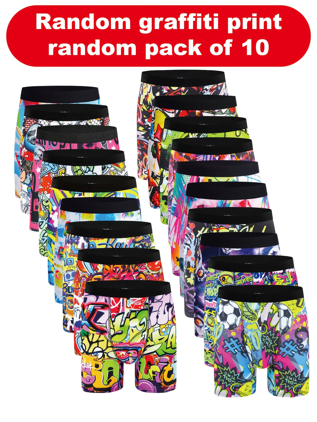 10pcs Boxers Longs pour Hommes ¨¤ Imprim¨¦ Graffiti - Respirants, M¨¦lange de Polyester Extensible, Sous-v¨ºtements Non-Transparents