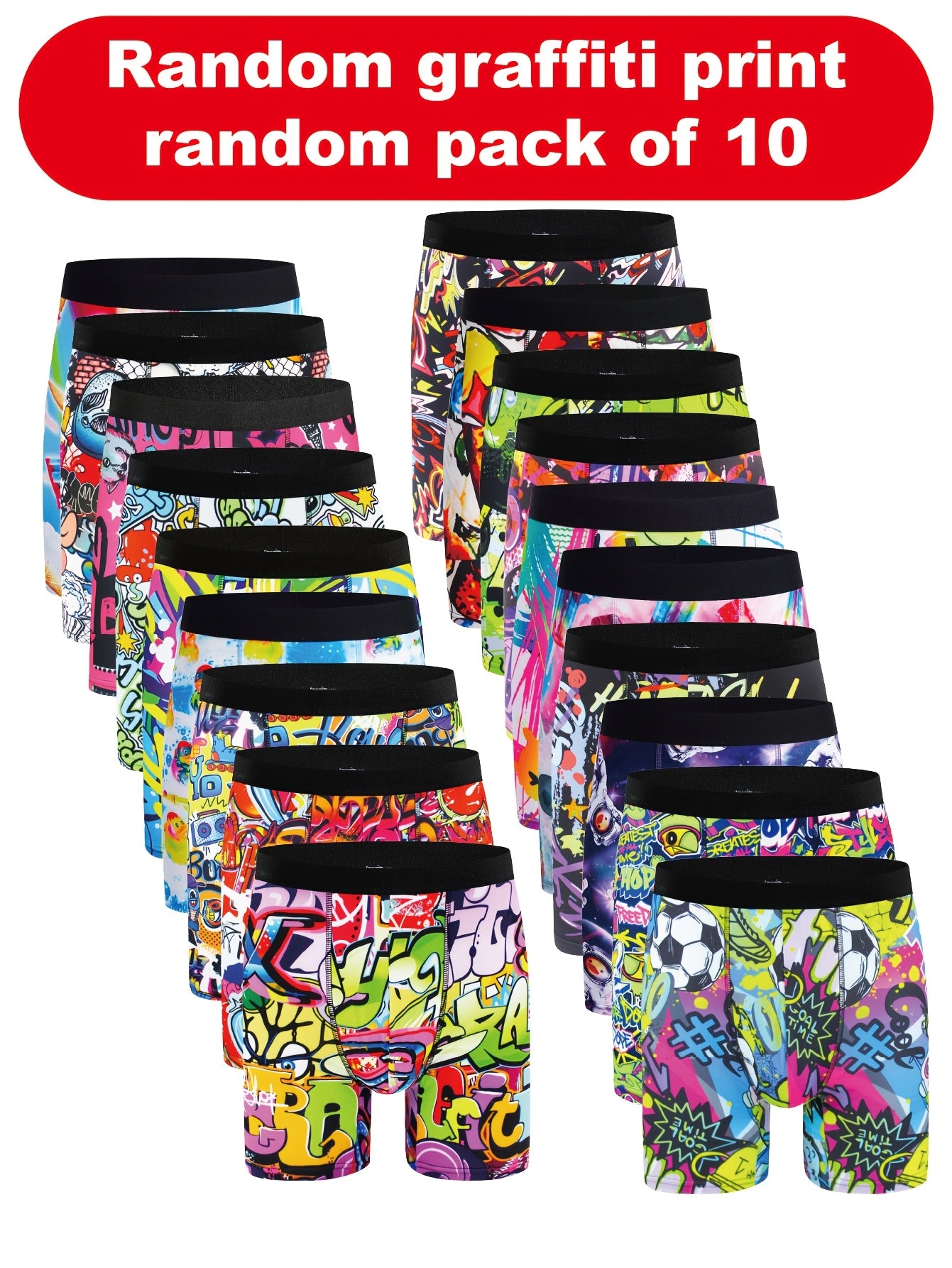 10pcs Boxers Longs pour Hommes ¨¤ Imprim¨¦ Graffiti - Respirants, M¨¦lange de Polyester Extensible, Sous-v¨ºtements Non-Transparents
