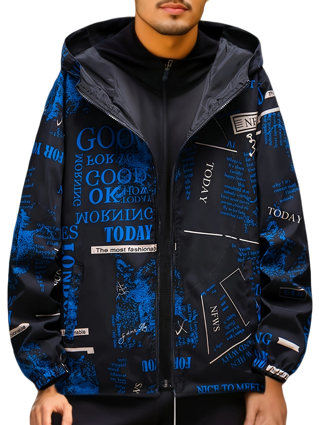 Veste ¨¤ capuche d¨¦contract¨¦e pour hommes avec impression de lettres, veste coupe-vent chic pour le sport et l'¨¦cole