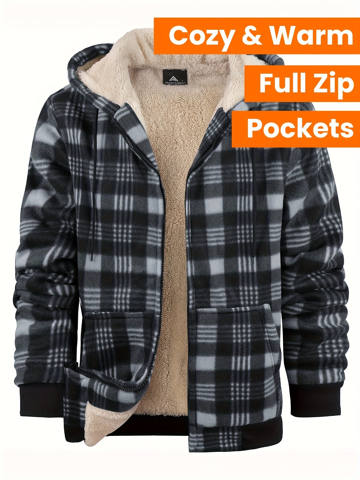 Veste ¨¤ capuche doubl¨¦e en polaire pour homme - Motif ¨¤ carreaux, fermeture ¨¦clair int¨¦grale, manteau d'hiver chaud avec poches, style d¨¦contract¨¦ pour l'automne\u002Fhiver, veste d'hiver