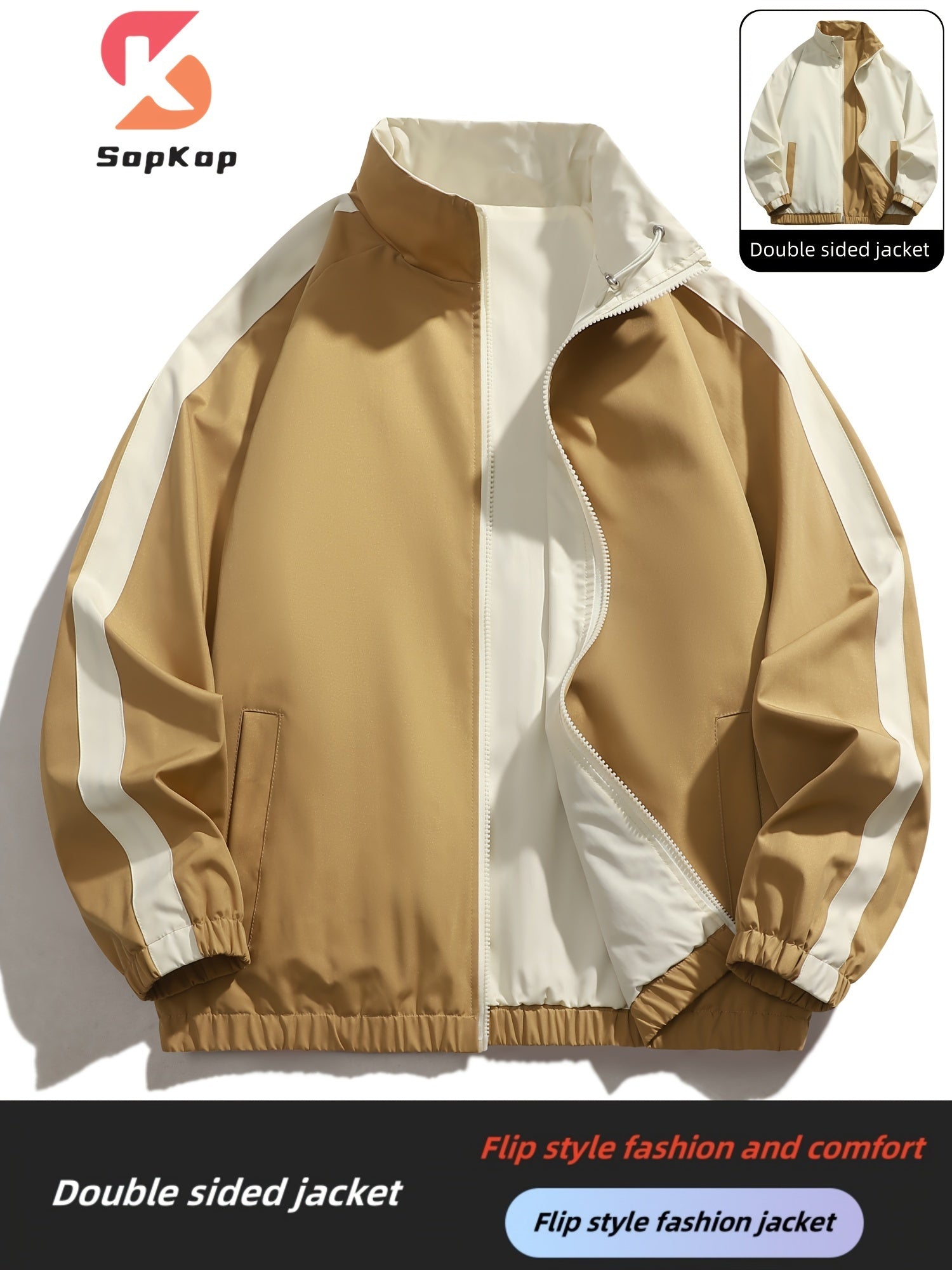 Veste r¨¦versible homme d¨¦contract¨¦e, Veste r¨¦versible homme d¨¦contract¨¦e avec poches, col montant zipp¨¦e, manches longues pour ext¨¦rieur