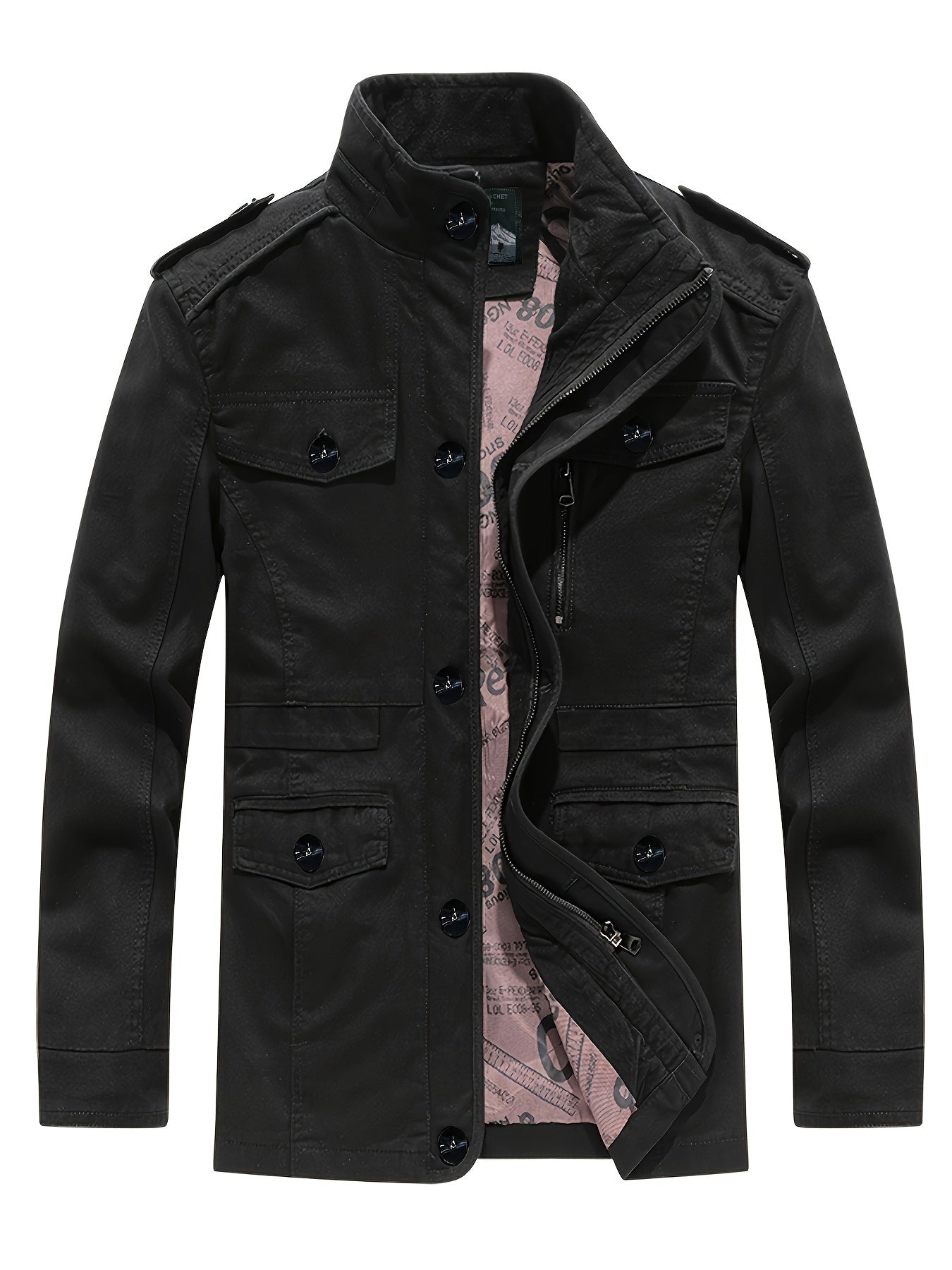 Veste de travail multi-poches ¨¤ col montant r¨¦tro am¨¦ricain Vintage pour hommes, hauts d'ext¨¦rieur d¨¦contract¨¦s de couleur unie printemps\u002Fautomne