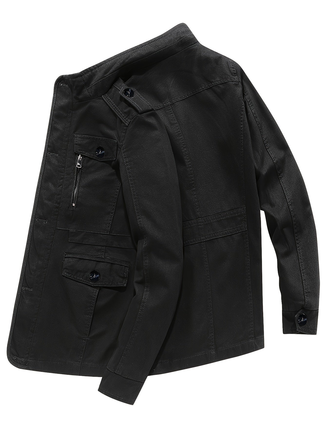 Veste de travail multi-poches ¨¤ col montant r¨¦tro am¨¦ricain Vintage pour hommes, hauts d'ext¨¦rieur d¨¦contract¨¦s de couleur unie printemps\u002Fautomne