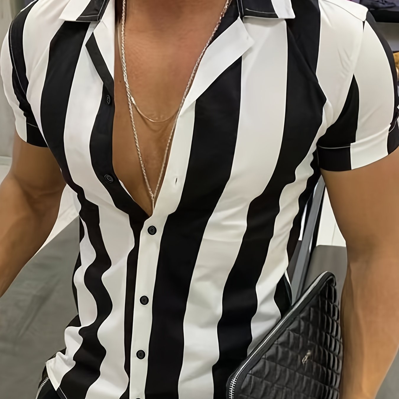 1pc Men'S Summer Casual Striped Button- Shirt - Short Sleeve, Regular Fit, Polyester Woven Fabric, Non-Stretch, Lapel Collar, Placket, for Daily & Outdoor Activities, Hiking, Weekend - Woven Fabric Weight 125g\u002Fm2