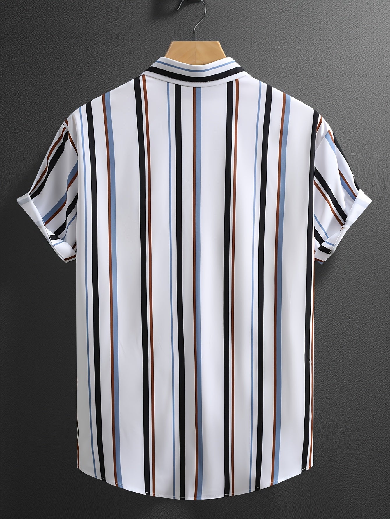 Men'S Casual Summer Short Sleeve Button-Up Shirt - White with Blue, Black, and Orange Vertical Stripes, Non-Stretch Fabric, Perfect for Weekend Outings, Casual Attire|Striped Shirt|Nonstretch Fabric