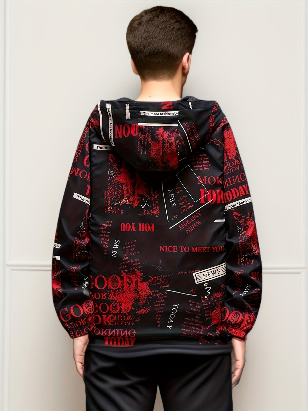 Veste ¨¤ capuche d¨¦contract¨¦e pour hommes avec impression de lettres, veste coupe-vent chic pour le sport et l'¨¦cole