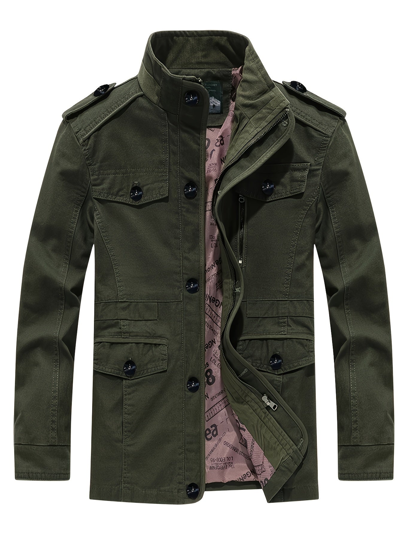 Veste de travail multi-poches ¨¤ col montant r¨¦tro am¨¦ricain Vintage pour hommes, hauts d'ext¨¦rieur d¨¦contract¨¦s de couleur unie printemps\u002Fautomne