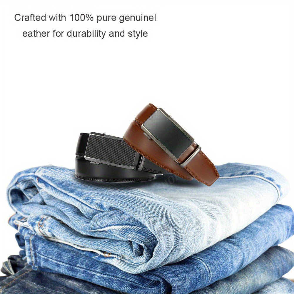 2pcs Ceintures en Cuir de Qualit¨¦ Sup¨¦rieure pour Hommes - Longueur R¨¦glable, Durable avec Boucle Automatique, Finition Textur¨¦e - Id¨¦ales pour le Port Affaires & D¨¦contract¨¦ en Noir, Marron Fonc¨¦ & Fibre de Carbone Noire, Ceinture en Cuir