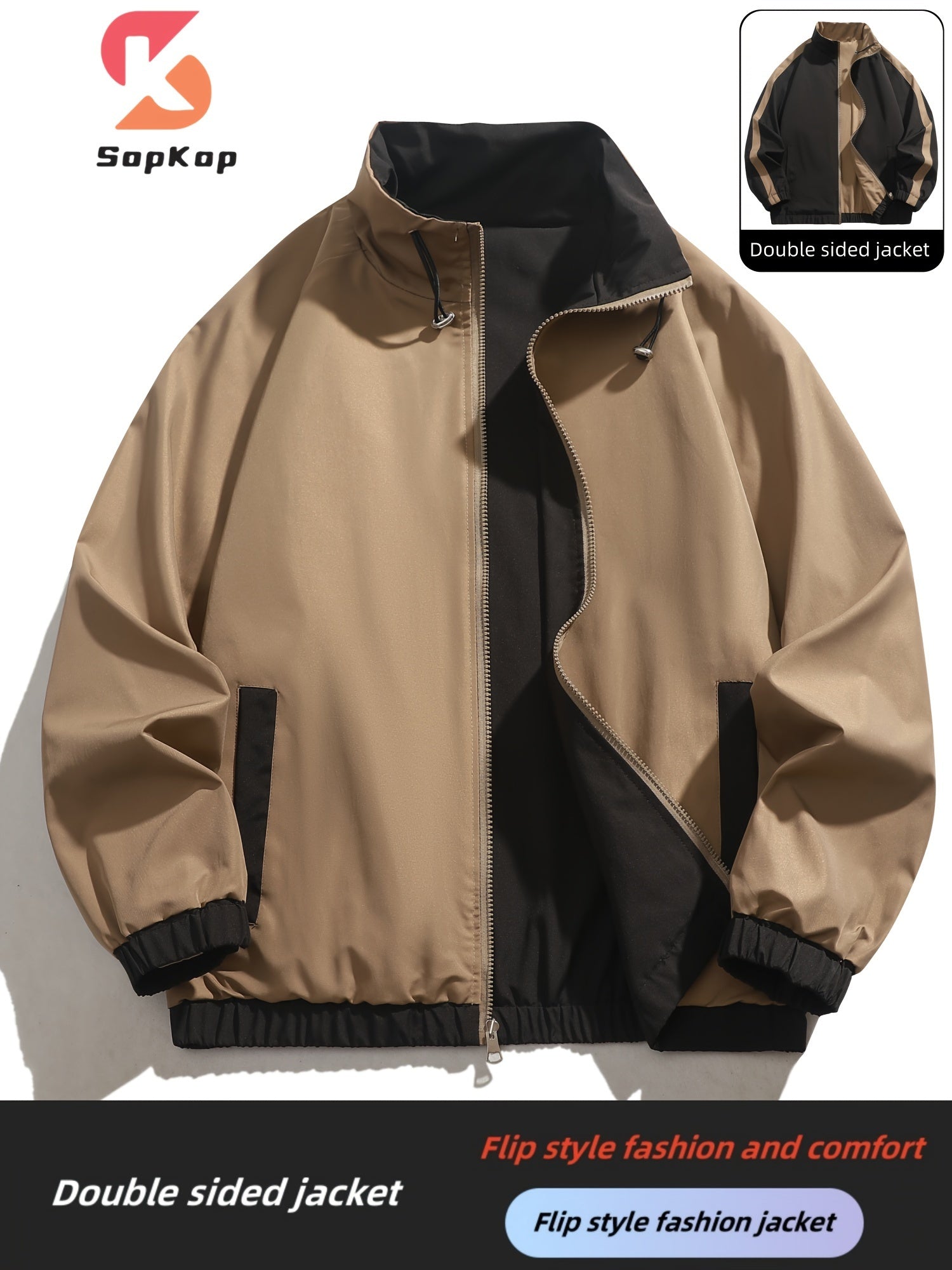 Veste r¨¦versible homme d¨¦contract¨¦e, Veste r¨¦versible homme d¨¦contract¨¦e avec poches, col montant zipp¨¦e, manches longues pour ext¨¦rieur
