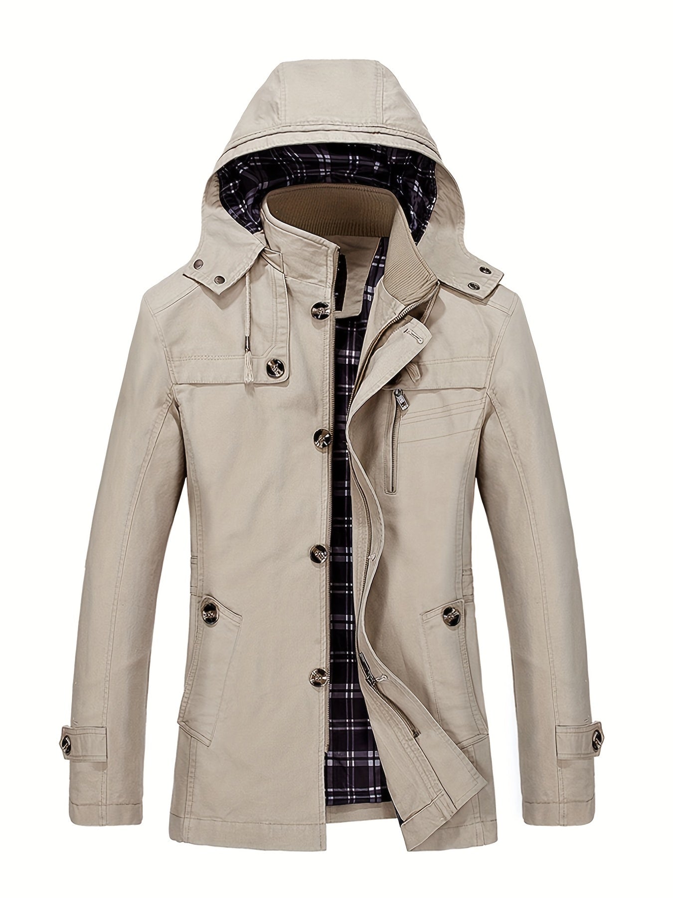 1 veste de trench en coton pour homme, mi-longueur, ¨¤ capuche, avec poches, couleur unie, coupe r¨¦guli¨¨re, tissu tiss¨¦, non extensible pour loisirs en plein air au printemps\u002Fautomne