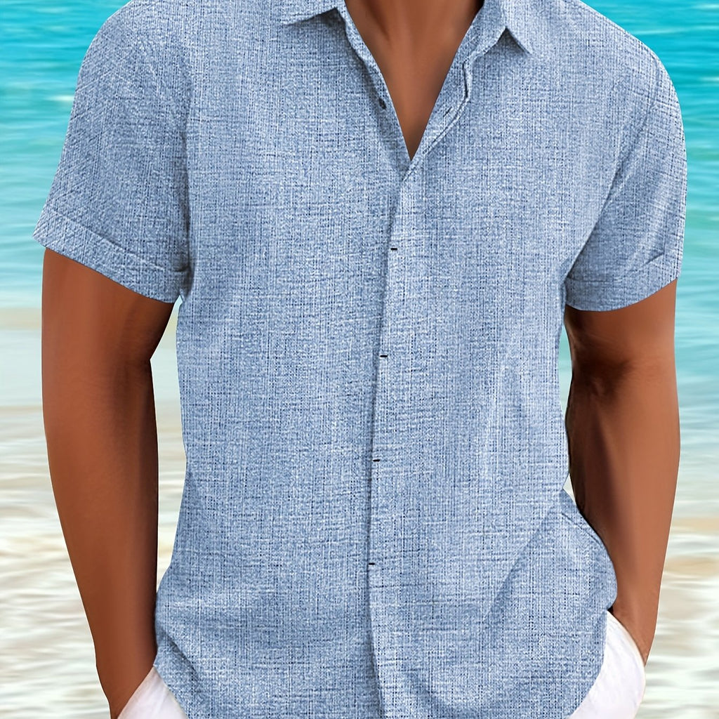 Casual Short-Sleeved Blue Linen Shirt for Men, Featuring an Invisible Button-Up Design, Perfect for Summer Weddings at The Beach.