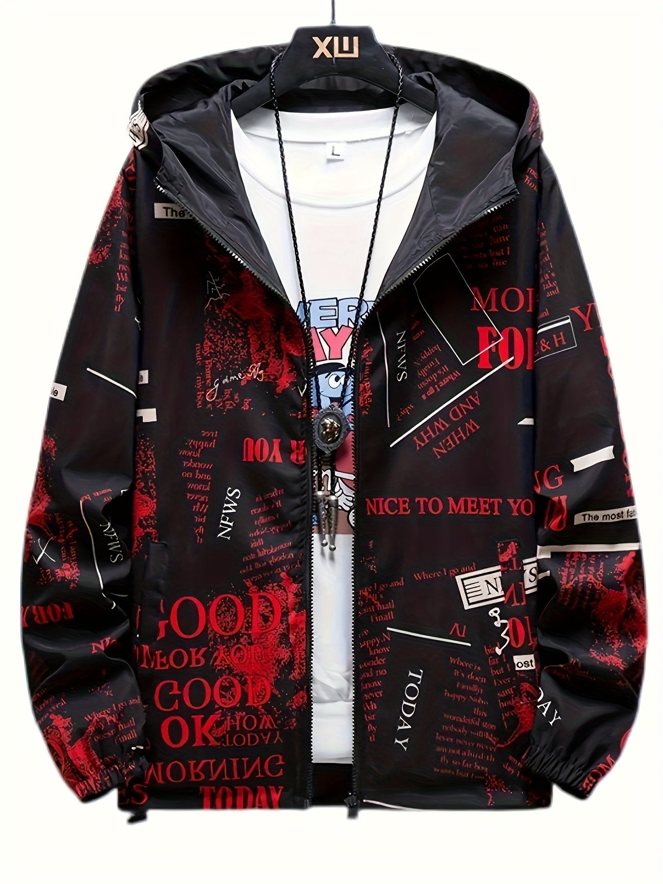 Veste ¨¤ capuche d¨¦contract¨¦e pour hommes avec impression de lettres, veste coupe-vent chic pour le sport et l'¨¦cole