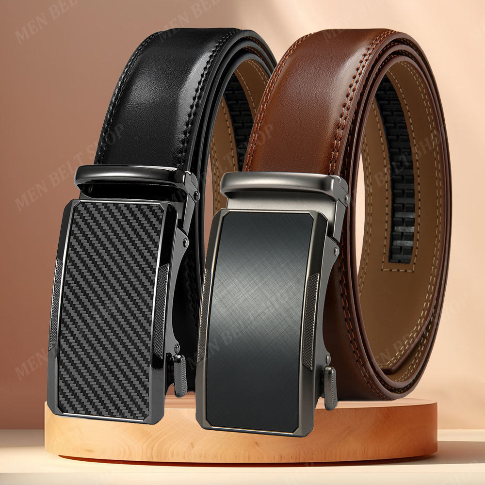 2pcs Ceintures en Cuir de Qualit¨¦ Sup¨¦rieure pour Hommes - Longueur R¨¦glable, Durable avec Boucle Automatique, Finition Textur¨¦e - Id¨¦ales pour le Port Affaires & D¨¦contract¨¦ en Noir, Marron Fonc¨¦ & Fibre de Carbone Noire, Ceinture en Cuir