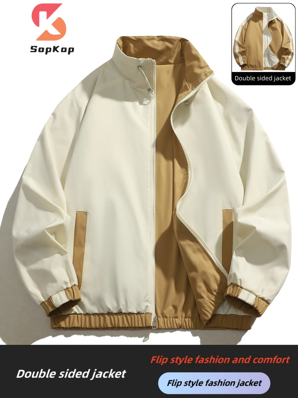 Veste r¨¦versible homme d¨¦contract¨¦e, Veste r¨¦versible homme d¨¦contract¨¦e avec poches, col montant zipp¨¦e, manches longues pour ext¨¦rieur