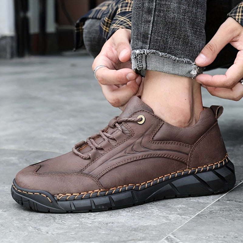 Men's Genuine Leather Business Casual Sports Shoes - Low-Top Lace-Up Design with Rubber Sole, All-Season Comfort for Office, Gym & Daily Wear, Versatile Footwear, Sleek Shoe Design, Comfortable Interior Lining
