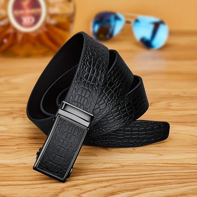 Ceinture en Cuir V¨¦ritable pour Homme WilliamPOLO avec Boucle Automatique, Ceinture Noire Ajustable pour Tenue D¨¦contract¨¦e d'Affaires