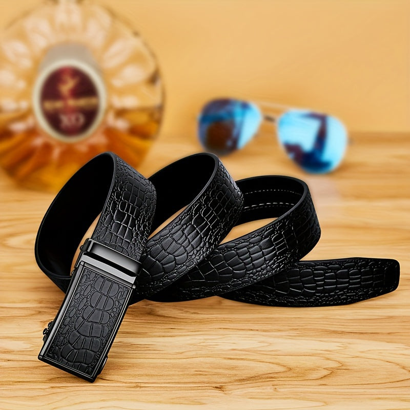 Ceinture en Cuir V¨¦ritable pour Homme WilliamPOLO avec Boucle Automatique, Ceinture Noire Ajustable pour Tenue D¨¦contract¨¦e d'Affaires