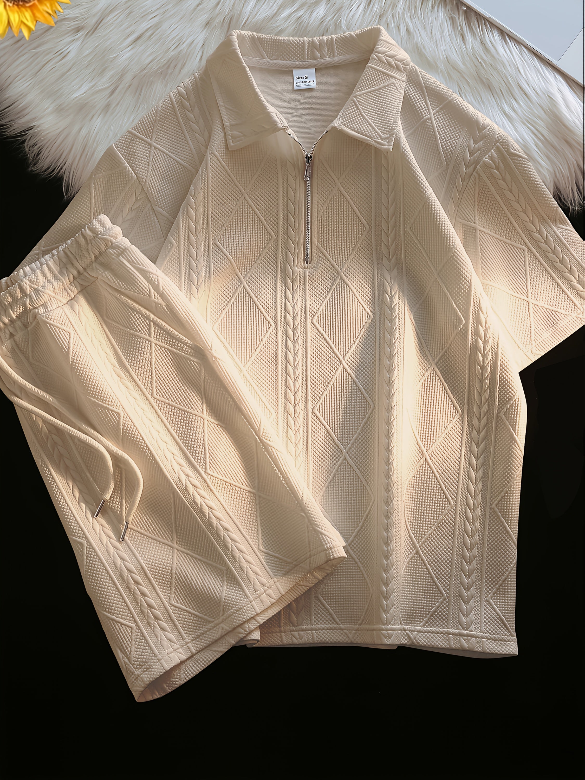 Retro Style 2pcs Men's Casual Summer Outfit Suits, Geometric Pattern Design Short Sleeve Lapel Shirt Top And Shorts Suit