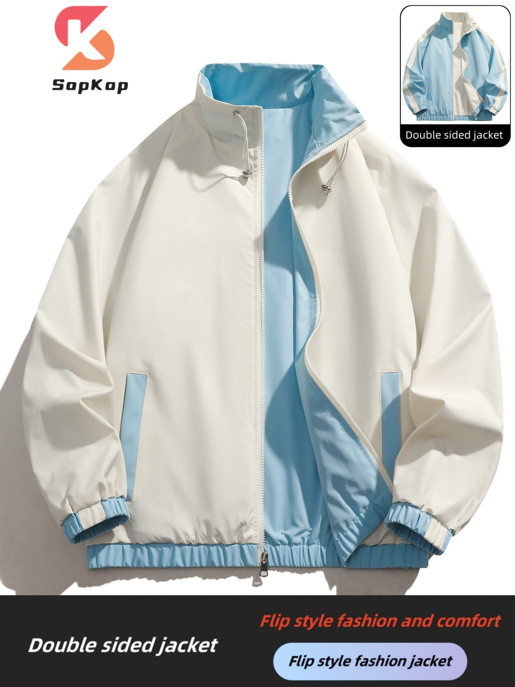 Veste r¨¦versible homme d¨¦contract¨¦e, Veste r¨¦versible homme d¨¦contract¨¦e avec poches, col montant zipp¨¦e, manches longues pour ext¨¦rieur