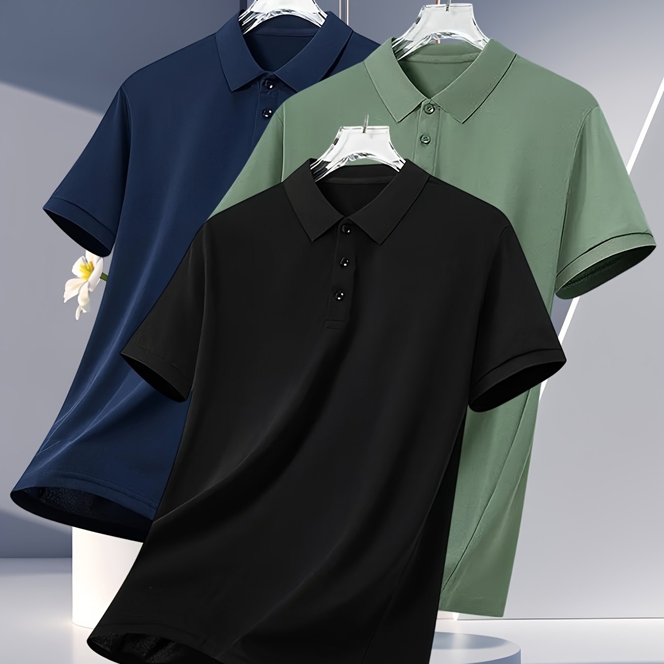 3pcs Men's Summer Shirts - Breathable Short Sleeve Casual & Business Casual Tops with Classic Collar, Loose Fit, Solid Color (Navy\u002FOlive\u002FBlack) - 2025 Trending Styles
