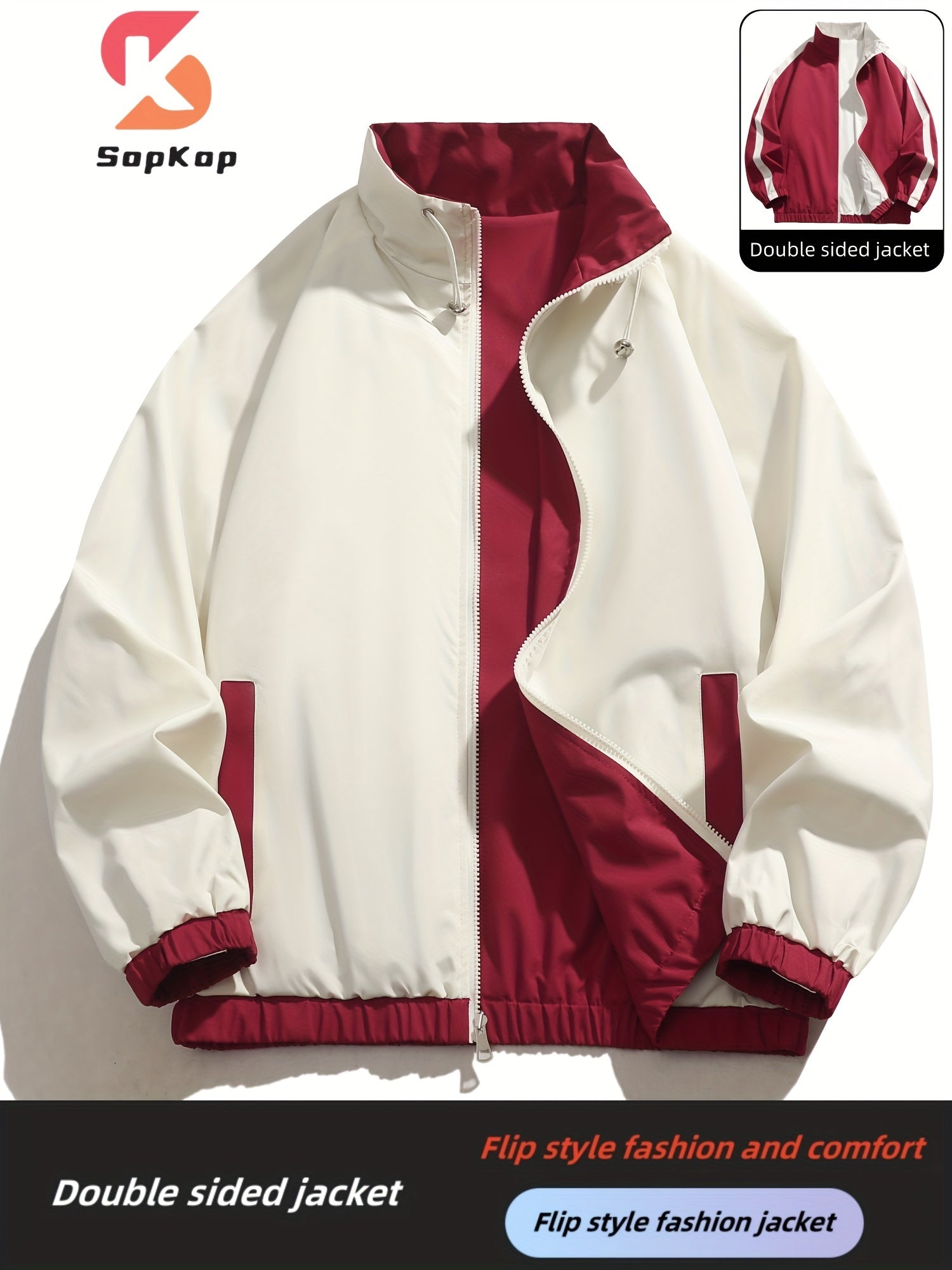 Veste r¨¦versible homme d¨¦contract¨¦e, Veste r¨¦versible homme d¨¦contract¨¦e avec poches, col montant zipp¨¦e, manches longues pour ext¨¦rieur