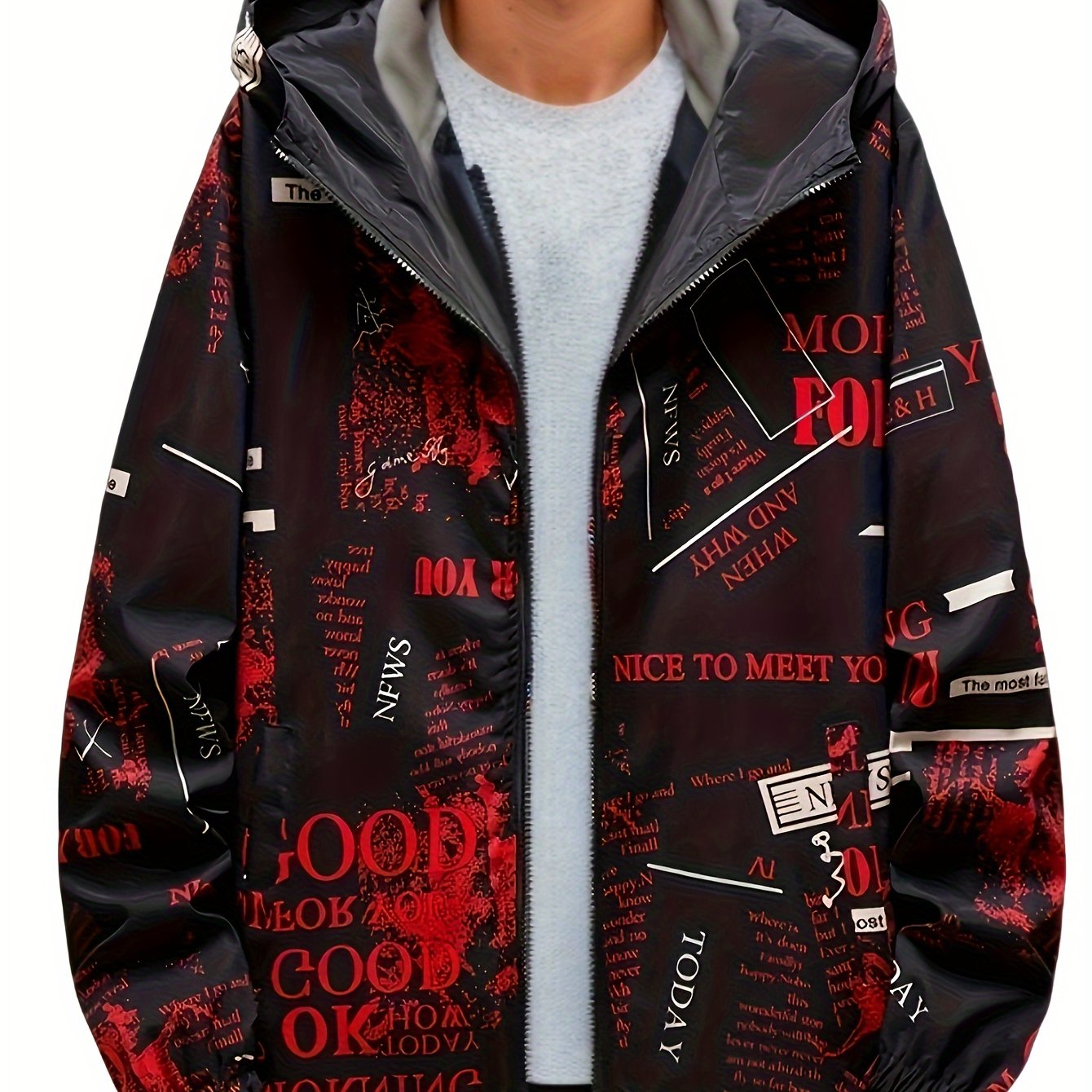 Veste ¨¤ capuche d¨¦contract¨¦e pour hommes avec impression de lettres, veste coupe-vent chic pour le sport et l'¨¦cole