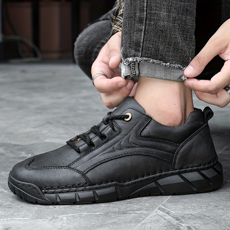 Men's Genuine Leather Business Casual Sports Shoes - Low-Top Lace-Up Design with Rubber Sole, All-Season Comfort for Office, Gym & Daily Wear, Versatile Footwear, Sleek Shoe Design, Comfortable Interior Lining
