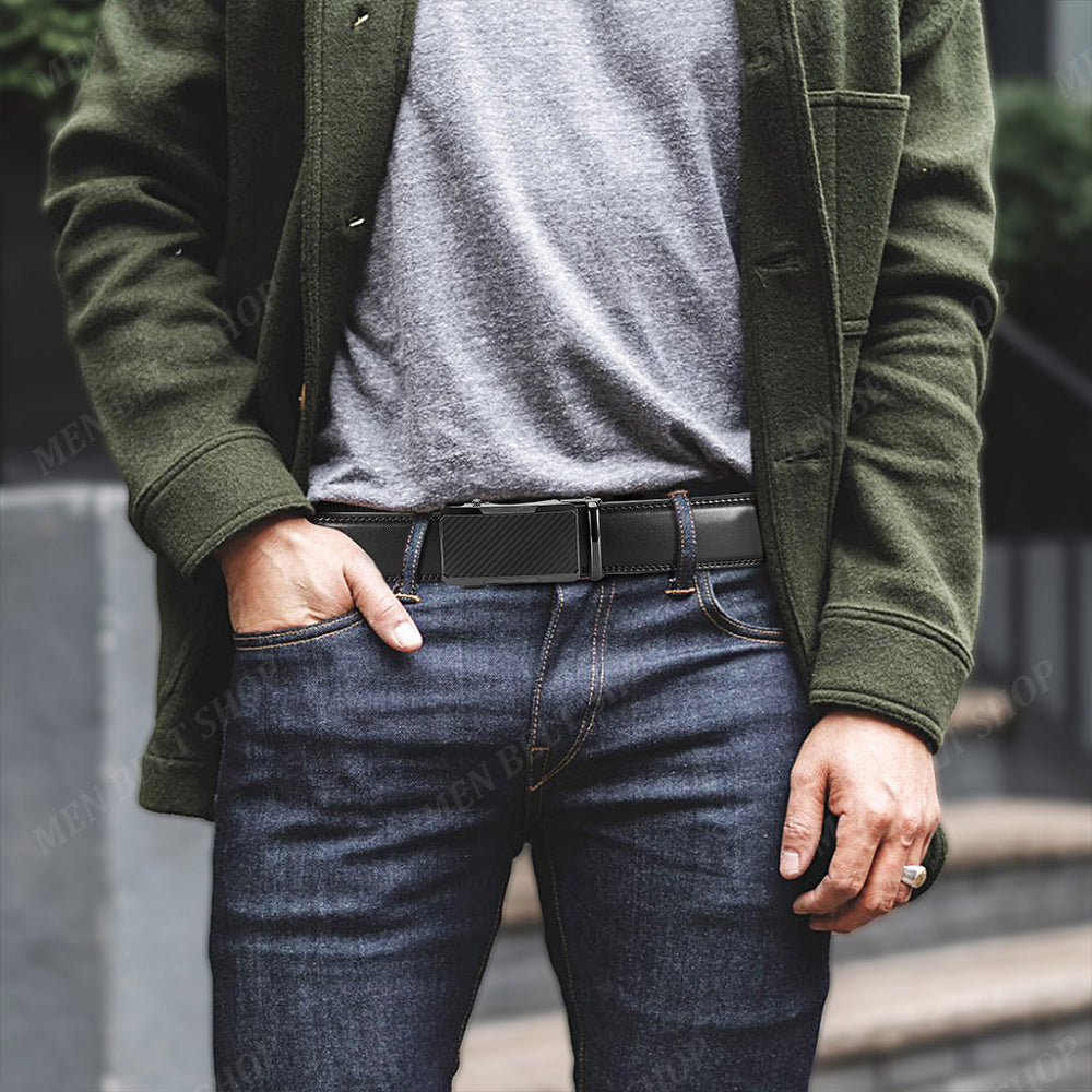 2pcs Ceintures en Cuir de Qualit¨¦ Sup¨¦rieure pour Hommes - Longueur R¨¦glable, Durable avec Boucle Automatique, Finition Textur¨¦e - Id¨¦ales pour le Port Affaires & D¨¦contract¨¦ en Noir, Marron Fonc¨¦ & Fibre de Carbone Noire, Ceinture en Cuir