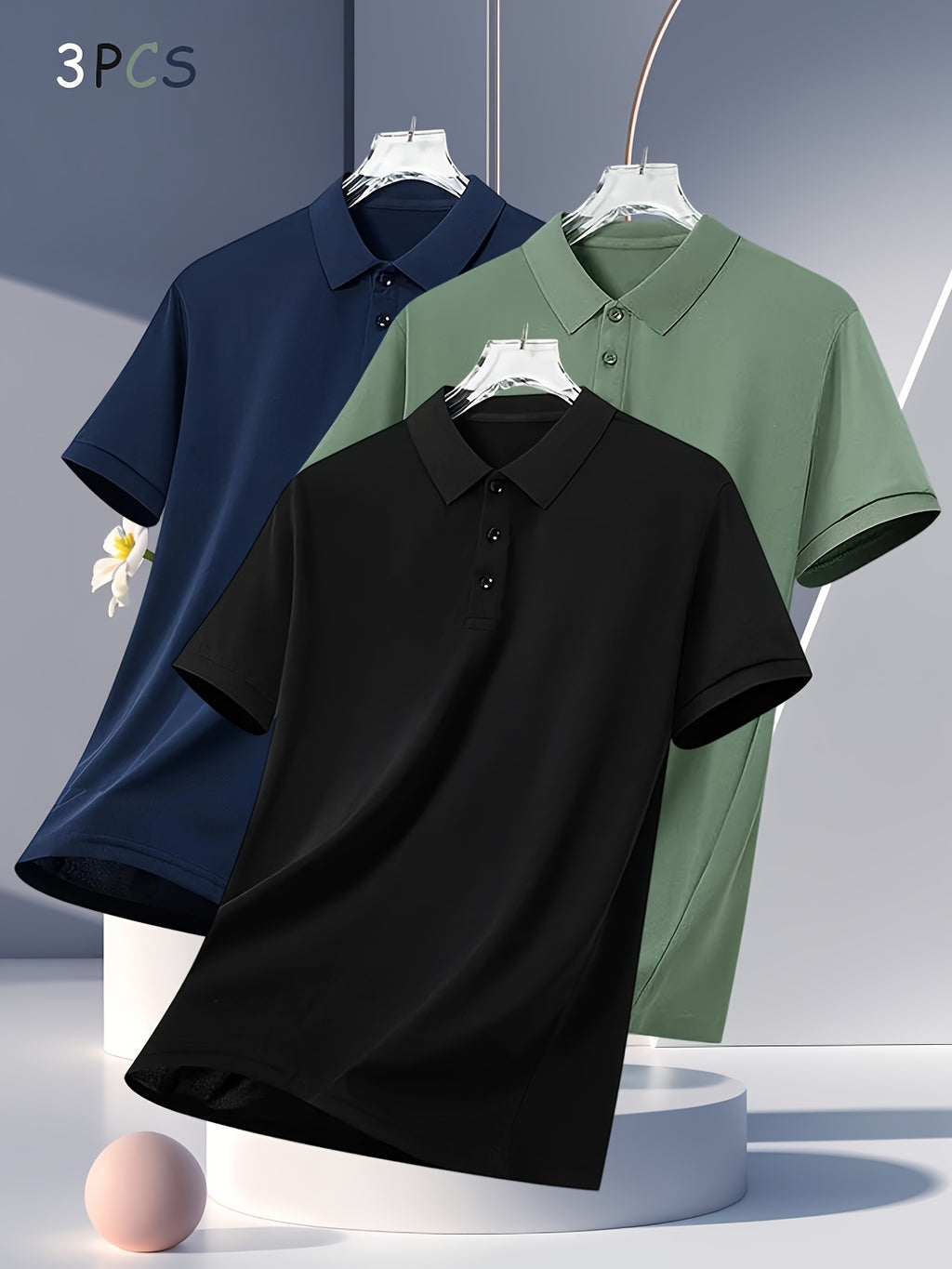3pcs Men's Summer Shirts - Breathable Short Sleeve Casual & Business Casual Tops with Classic Collar, Loose Fit, Solid Color (Navy\u002FOlive\u002FBlack) - 2025 Trending Styles